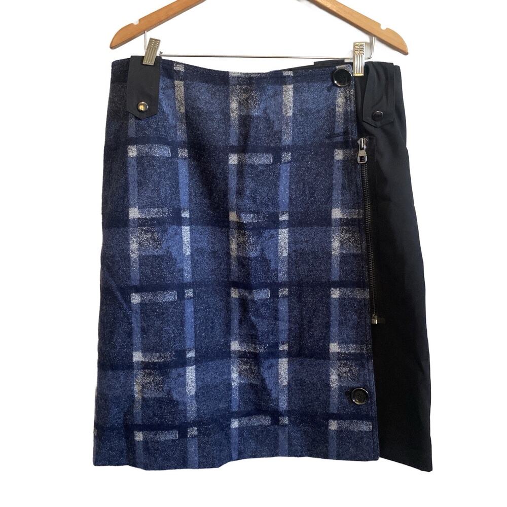 Per Se by Carlisle Wrap Wool Blue Plaid A-line Skirt Size 14 Career Officewear